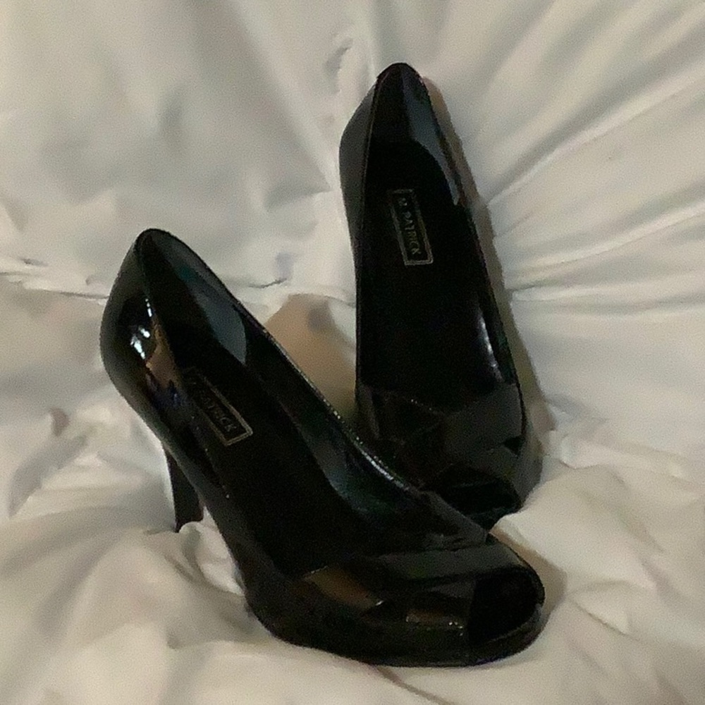 M. Patrick patent leather open toe heeled shoes